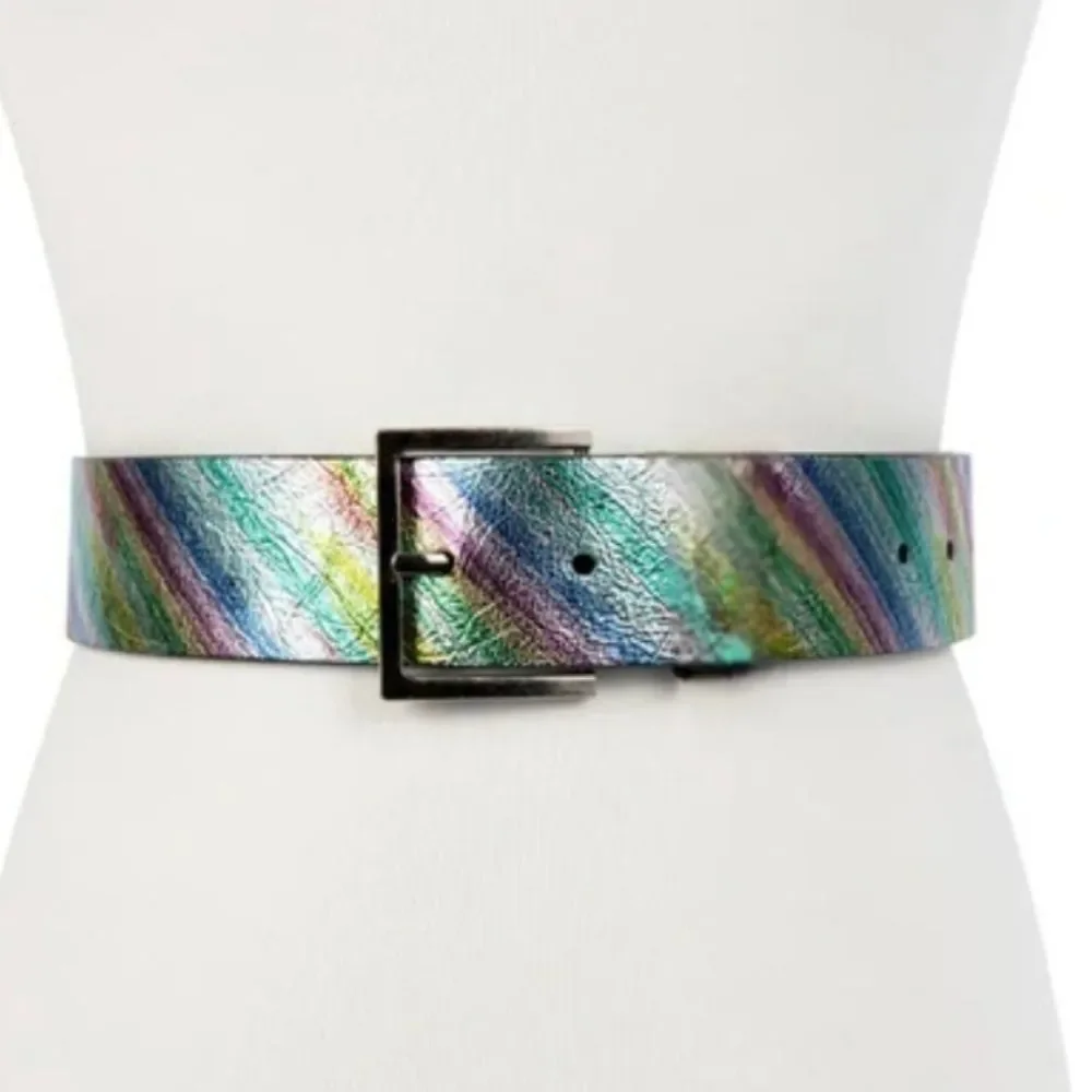Kurt Geiger‎ London Leather Stretch Belt- Light Blue/Antique Silver